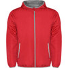 A red windbreaker jacket featuring a grey lining and zippered pockets, with a hood and a branding logo.