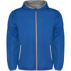 A blue Angelo Windbreaker jacket with a grey interior and two side pockets, featuring a hood and a logo.
