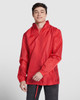 A red waterproof jacket with a zip front, featuring elastic cuffs and a drawstring hem. A logo is visible on the jacket.