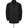 A black waterproof jacket with a zip front, elastic cuffs, and a drawstring hem. It features a branding logo.