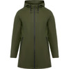 A waterproof raincoat in olive green with a hood and zippered pockets, featuring branding on the design.