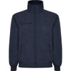 A navy waterproof jacket with a high collar and zippered pockets, featuring a logo on one side.