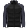 A jacket featuring a padded black front and navy blue sleeves, with a hood and zip closure. It has a logo on the chest.