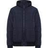 A water-repellent jacket in navy blue with a hood, featuring a zip closure and puffer design. It has a logo on it.