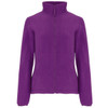 A purple women's fleece jacket with a zip-up front and high collar. It features a logo on one side.
