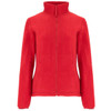 A red polar fleece jacket featuring a high collar and zip fastening, with a logo on the fabric.