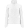 A white women's fleece jacket featuring a high collar and zip closure, designed as a polar fleece style.