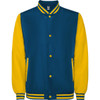 A blue and yellow California Jacket with a buttoned front, ribbed collar, and two side pockets. It has a logo.