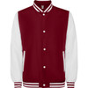 A maroon and white California Jacket with a ribbed collar and striped cuffs, featuring side pockets and a logo.