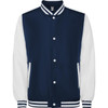 A jacket featuring a navy body with white sleeves and striped detailing on the collar and cuffs; includes a logo.