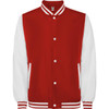 A red and white California Jacket featuring a classic varsity style with a logo on the chest area.