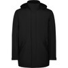 A black parka jacket with a hood and side pockets, featuring a simple design.