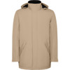 A beige parka jacket with a hood and side pockets, featuring a simple design and a logo on the chest area.