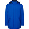 A blue parka jacket with a hood, featuring side pockets and a sleek design. It includes a logo on the front.