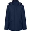 A navy women's parka with a hood and side pockets, featuring a branded logo.