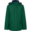 A women's parka in dark green with a hood, featuring two front pockets and a contrasting dark inner lining.