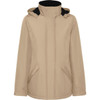 A women's parka in beige with a hood and black detailing, featuring side pockets and a sleek design.