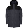 A water-repellent parka in navy and black, featuring a hood and a zip-front design. Includes a logo.
