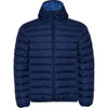 A navy blue waterproof hooded jacket with a quilted design and a front zip, featuring an inner lining.