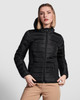 A women's waterproof hooded jacket in black with a zip front and quilted design, featuring a logo.