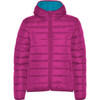 A women's waterproof hooded jacket in bright magenta with a contrasting turquoise lining and a logo on the front.