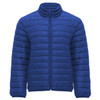 A blue waterproof jacket with a quilted design, featuring a zip front and a high collar. It has a logo on the chest.