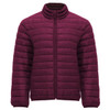 A maroon waterproof jacket with a zip front and high collar, featuring a puffer style and a logo on the chest.