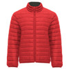 A red waterproof jacket with a quilted design and high neck, featuring a front zipper and a logo on the chest.