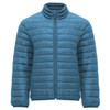 A waterproof jacket in a deep blue colour with a zip front and quilted texture, featuring a stand-up collar.