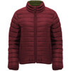 A maroon women's waterproof jacket with a high collar and zip closure, featuring quilted sections and side pockets.
