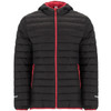 A black hooded parka with a quilted design and red accents, featuring side pockets and a logo.