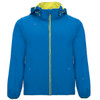 A blue unisex softshell jacket with a yellow inner lining and a hood. It features zippered pockets and brand detailing.