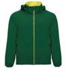 A unisex softshell jacket in green with a yellow inner lining and zippers, featuring a hood and branding.