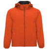 An orange unisex softshell jacket with a hood and zip front, featuring side pockets and a branded logo.