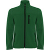 A green softshell jacket featuring a full zip, two side pockets, and a chest pocket with a zipper.