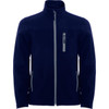 A navy blue softshell jacket featuring a full zip and side pockets, with a small chest zip pocket and a logo.