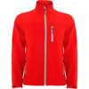 A bright red softshell jacket with a high collar, featuring zippered pockets and a logo.