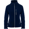 A navy women's softshell jacket featuring a zip front and side pockets, with a logo on the chest.