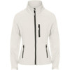 A women's softshell jacket in light grey with a high collar and zippered pockets. Features a logo on the chest.