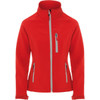 A red women's softshell jacket featuring zippered pockets and a high collar. It includes branding on the chest.