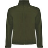 A softshell jacket in a dark green colour, featuring a zip-up front and a subtle logo on the chest.