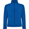 A blue softshell jacket with a zip front, high collar, and pockets, featuring a logo on one side.