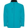 A turquoise softshell jacket with a zip-up front, side pockets, and a collar. It features a logo.