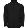 A black softshell jacket featuring a zippered front and pockets, and a visible logo.