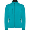 A softshell jacket in a bright teal colour, featuring a high collar and zippered pockets, with a logo.