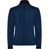 A women's softshell jacket in navy blue featuring a zip front and multiple pockets, with a logo.