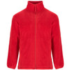 A red fleece jacket with a zip front and high collar, featuring long sleeves and a plain design.