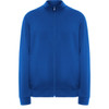 A blue sweatshirt with a zip-up front, high collar, and side pockets, featuring a logo.
