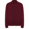 A burgundy sweatshirt with a zip-up front and a high collar. It features a logo on the chest.