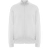 A white Ulan sweatshirt with a zip front and two side pockets, featuring a collar and a logo.   